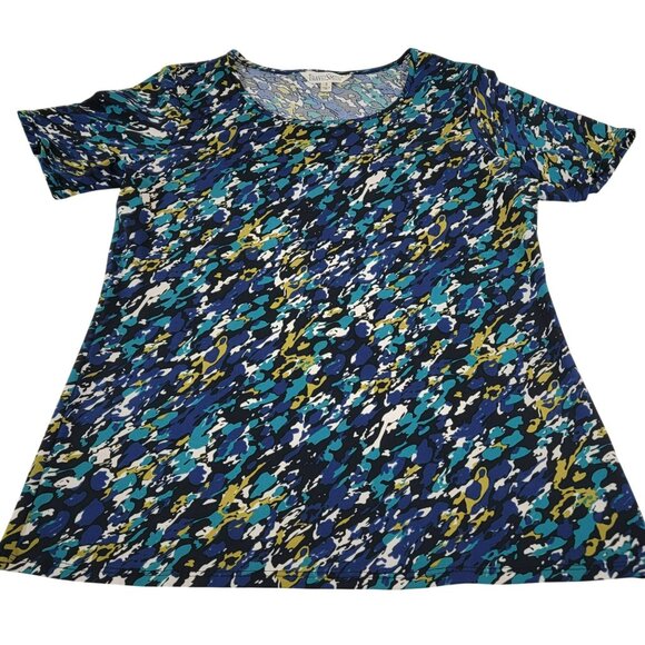 Travel Smith Top, Women S, Blue, Tan, Black Abstract Print, SS, Polyester, EUC - Picture 5 of 12